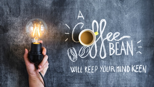 background,coffee,people,texture,hand,light,blackboard,art,text,board,person,chalkboard,backdrop,light bulb,coffee cup,glass,energy,creative,bulb,cup