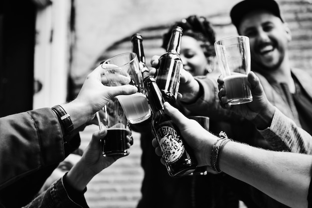 people,beer,celebration,black,cafe,event,festival,bottle,white,friends,bar,drink,fun,black and white,celebrate,friendship,alcohol,cold,craft,fresh