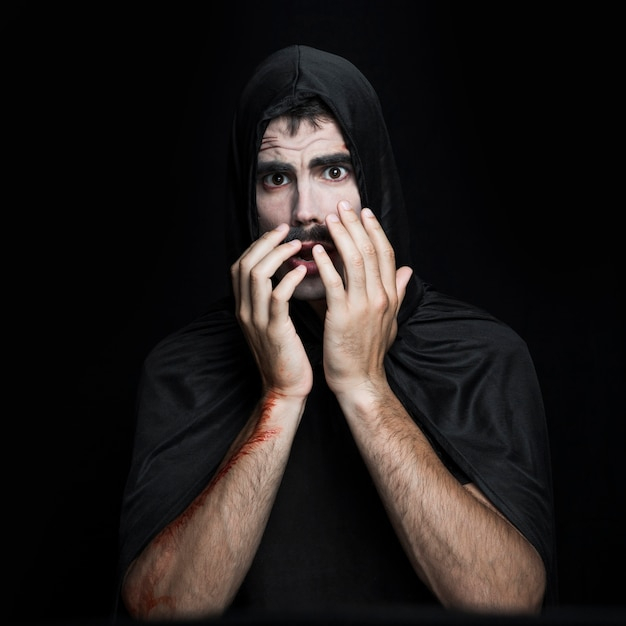 background,halloween,camera,man,black background,autumn,face,black,white background,square,makeup,white,fall,blood,tshirt,studio,dark background,moustache,halloween background,background black,young,dark,horror,background white,scratch,autumn background,square background,male,costume,october,fear,mystery,tradition,looking,scared,handsome,afraid,format,weird,nightmare,mysterious,cloak,posing,frightened,pale,dread,at,looking at camera,square format