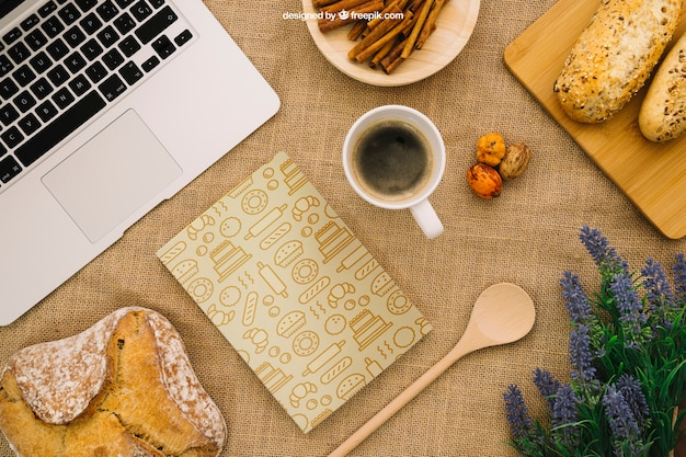 mockup,food,floral,coffee,flowers,book,cover,technology,computer,template,laptop,book cover,board,bread,coffee cup,decoration,mock up,drink,cup,breakfast