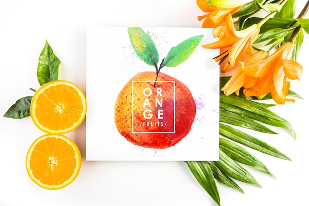 mockup,floral,card,flowers,summer,paper,beach,sea,sun,fruit,leaves,orange,fruits,holiday,tropical,mock up,vacation,page,blossom,sunshine