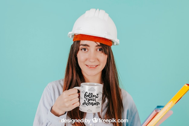 mockup,coffee,template,construction,smile,work,tea,security,architecture,mock up,job,drink,cup,modern,print,helmet,mug,female,young,professional