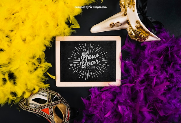 mockup,happy new year,new year,party,template,celebration,happy,holiday,event,happy holidays,chalkboard,new,mask,december,celebrate,year,feathers,festive,season,2018