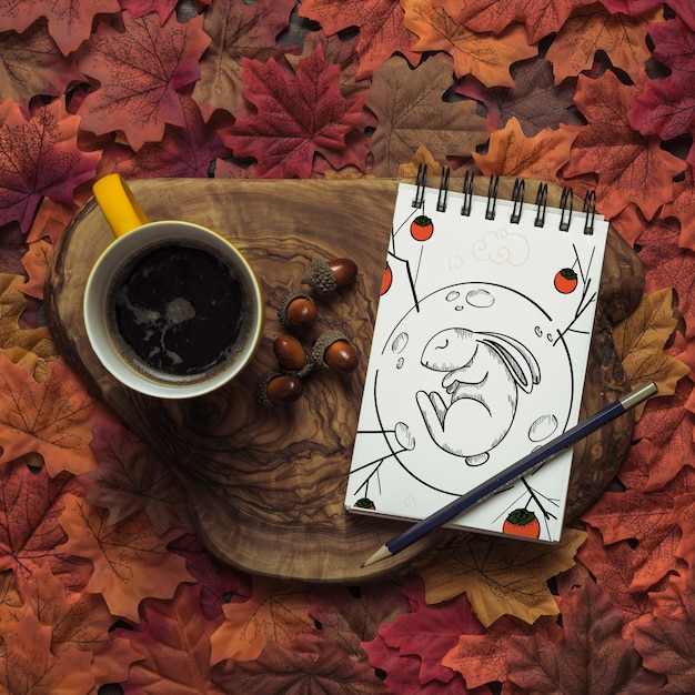 mockup,coffee,template,leaf,paper,nature,autumn,leaves,mock up,fall,natural,colors,decorative,notes,notepad,warm,autumn leaves,branches,view,up