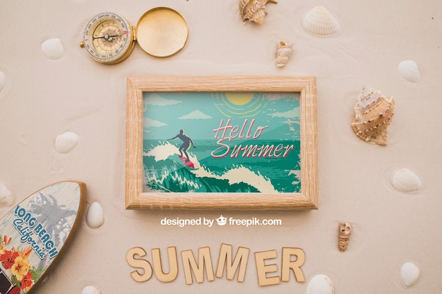 frame,mockup,summer,beach,sea,sun,photo frame,photo,holiday,mock up,decorative,vacation,sand,marine,summer beach,up,season,theme,surfboard,shells