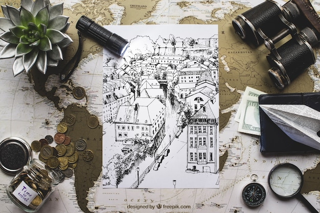 mockup,vintage,travel,money,paper,map,retro,world,world map,mock up,glass,drawing,compass,adventure,decorative,magnifying glass,vacation,tourism,cash,trip