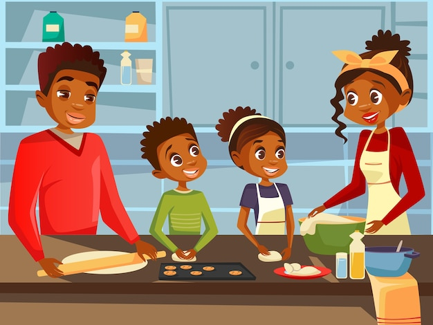 food,people,children,family,cartoon,kitchen,black,mother,cook,flat,cooking,modern,clothing,plate,father,lunch,culture,african,traditional,together