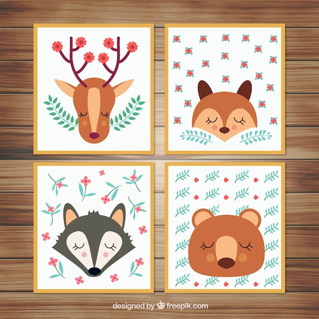flower,floral,card,design,template,nature,animal,forest,cute,color,animals,bear,deer,flat,wolf,elements,fox,flat design,cards,cute animals