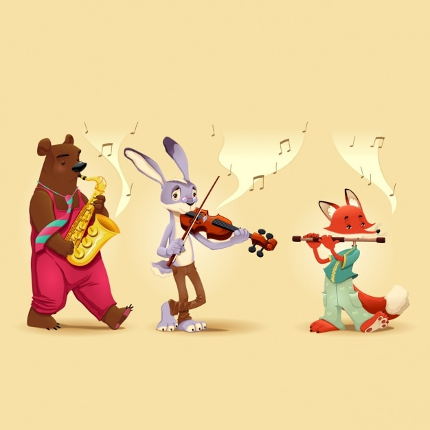 music,animal,color,animals,bear,rabbit,fox,play,band,colour,violin,musical instrument,saxophone,instruments,instrument,set,flute,playing,colored,coloured