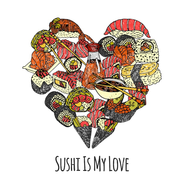 food,business,menu,heart,love,design,hand,sea,fish,hand drawn,icons,doodle,shape,sketch,elements,sushi,illustration,food menu,emblem
