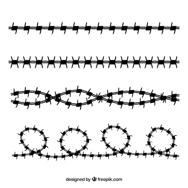 line,silhouette,metal,shape,security,form,military,fence,protection,wire,pack,collection,set,barbed wire,four,barbed