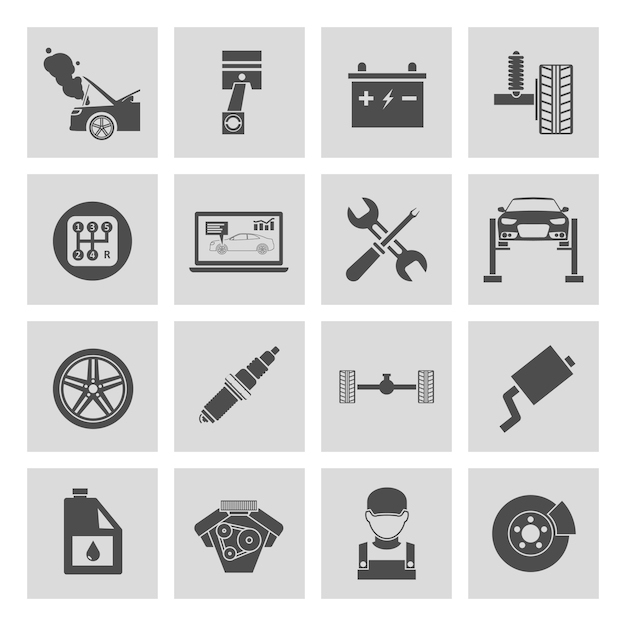 car, icon, icons, black, work, gear, white, tools, oil, service, wheel, mechanic, tire, auto, battery, repair, garage, car icon, checklist, engine