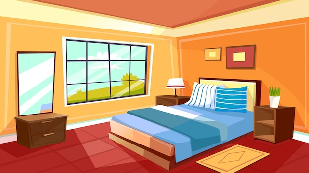 Free: Cartoon bedroom interior background template. Cozy modern house room  in morning light 