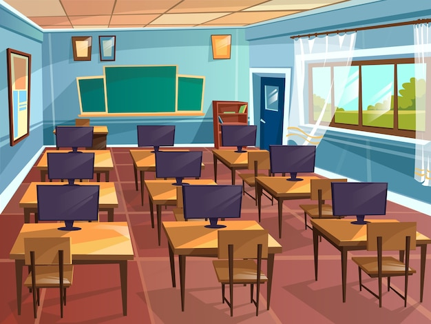 Free: Cartoon empty high school college university computer science  classroom background 