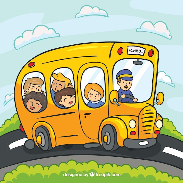 Free: Cartoon school bus with children 