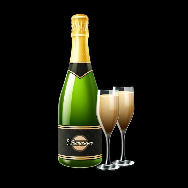 Free: Champagne bottle and two glasses on black background - nohat.cc