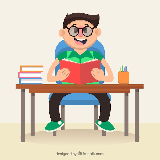 background,design,education,character,student,color,happy,kid,child,human,person,flat,colorful background,boy,desk,flat design,reading,knowledge,learn,sitting