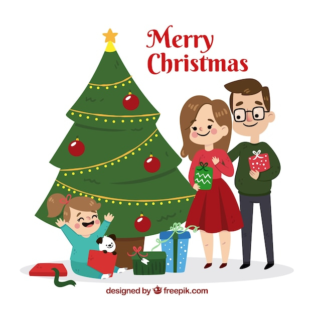 christmas tree,christmas,tree,design,family,mother,child,flat,gifts,mom,father,presents,dad,parents,scene,daughter