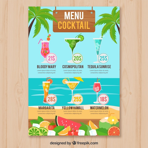menu,design,summer,template,fruit,tropical,flat,juice,cocktail,flat design,drinks,print,cocktails,fruit juice,delicious,menu template,ready,summertime,exotic,cooling
