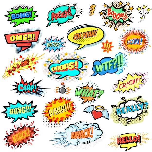 banner, cloud, box, comic, shapes, bubble, sign, communication, halftone, chat, sound, talk, bubbles, explosion, message, speech, conversation, word, element, pop