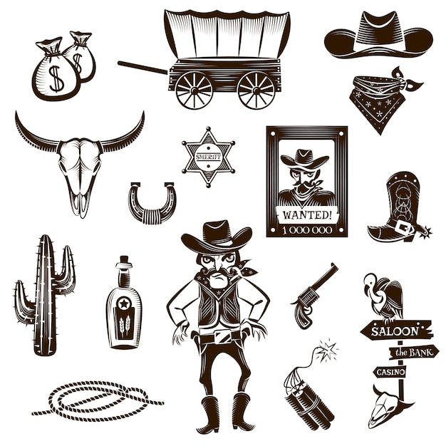 skull,icons,black,horse,sign,cow,bottle,white,hat,elements,cactus,emblem,decorative,symbol,cowboy,announcement,america,boots,whiskey,wanted