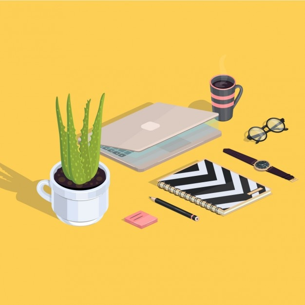  office, sticker, table, laptop, digital, pencil, notebook, isometric, coffee cup, creative, interior, designer, studio, top view, realistic