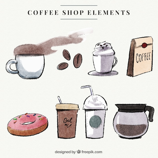 Free: Delicious types of coffee with watercolor accessories set 