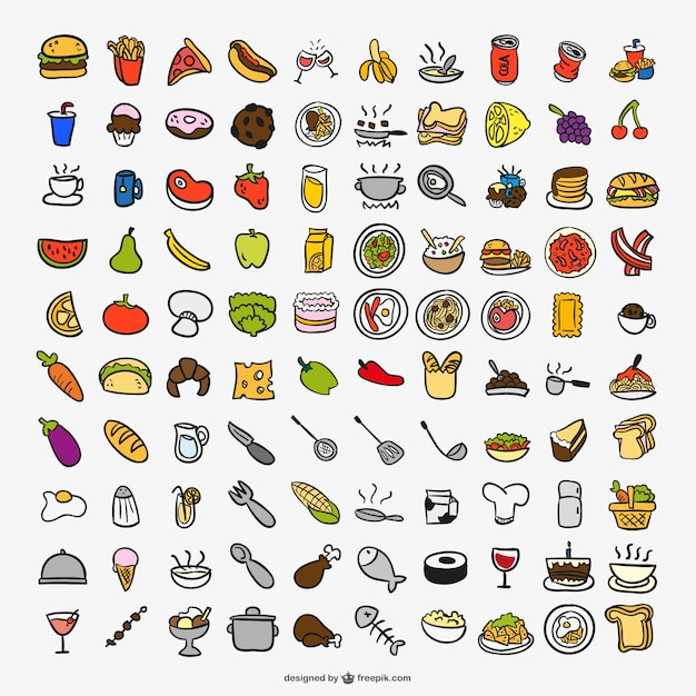 food, icon, cartoon, fish, kitchen, hand drawn, fruit, icons, color, doodle, vegetables, fruits, bread, cook, rice, cooking, decoration, drawing, meat