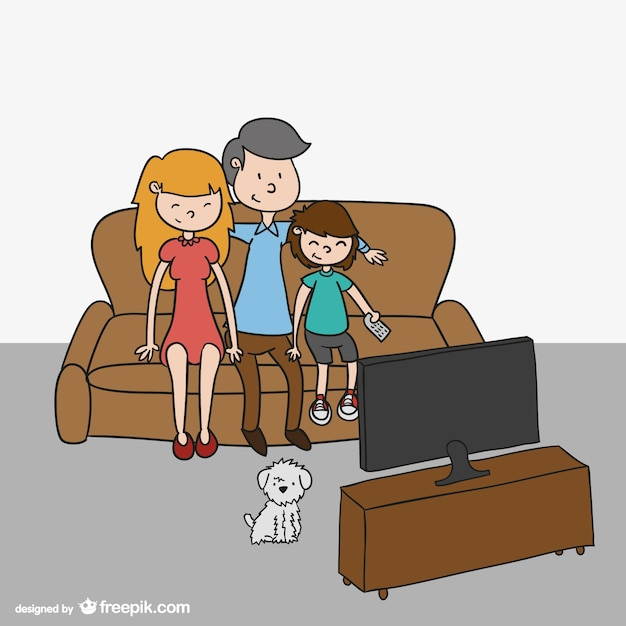 Free: Family watching TV cartoon 