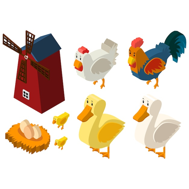 animal,farm,chicken,color,animals,isometric,rooster,duck,colour,farm animals,eggs,hen,collection,mill,set,goose,colored,coloured
