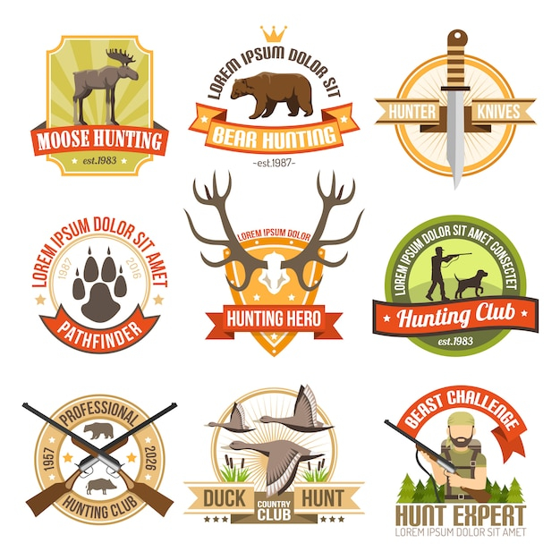 badge,dog,nature,color,bear,deer,sign,flat,target,gun,symbol,duck,knife,club,element,hunting,wild,set,hunter,moose