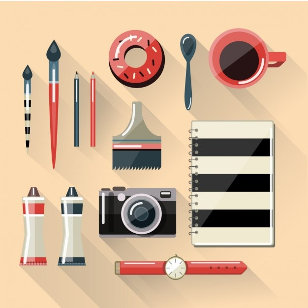 business,coffee,design,camera,office,paint,table,brush,work,photo,graphic,notebook,flat,creative,desk,tools,modern,paint brush,watch,illustration