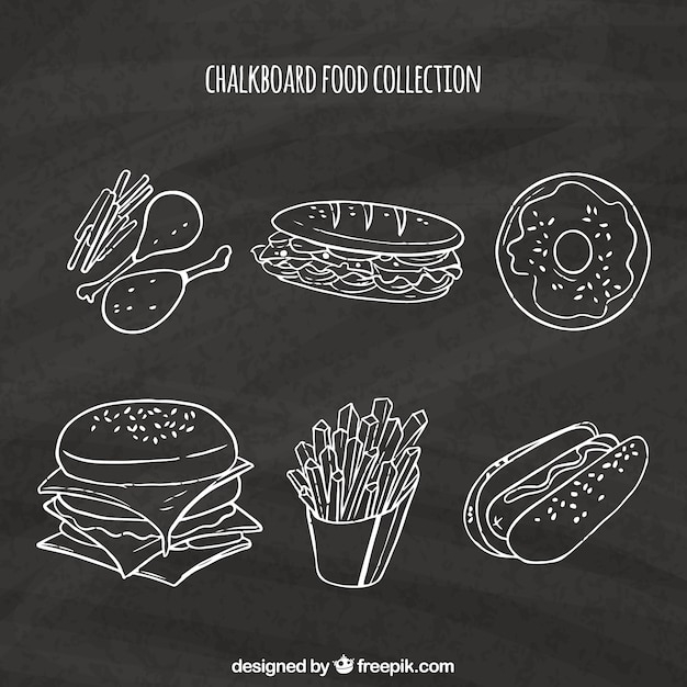  food, texture, dog, blackboard, chicken, chalkboard, burger, chalk, drawing, donut, hot dog, style, meal, pack, fries, collection, delicious, set, tasty