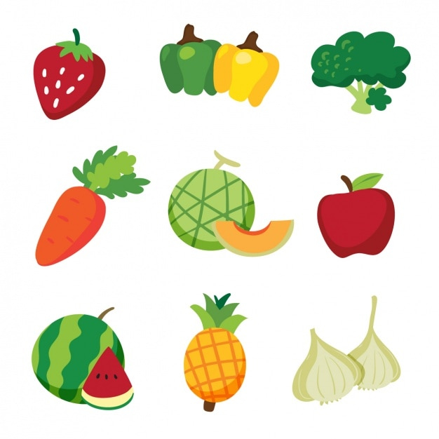  food, design, fruit, color, vegetables, fruits, apple, strawberry, pineapple, watermelon, colour, pepper, carrot, garlic, melon, collection, set, broccoli, colored, apple fruit