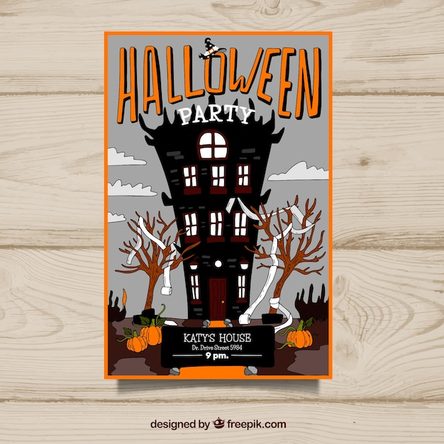 flyer,poster,tree,party,design,house,hand,halloween,hand drawn,party poster,celebration,holiday,flat,party flyer,hat,night,castle,flat design,print,pumpkin