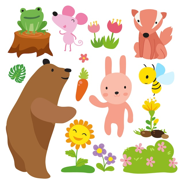 flower,floral,flowers,hand,animal,hand drawn,color,animals,bear,bee,rabbit,fox,mouse,frog,colour,drawn,collection,set,colored,coloured