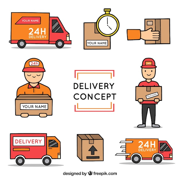 hand,man,box,hand drawn,truck,delivery,colorful,drawing,elements,transport,service,hand drawing,logistics,shipping,boxes,scooter,drawn,24 hours,pack,address