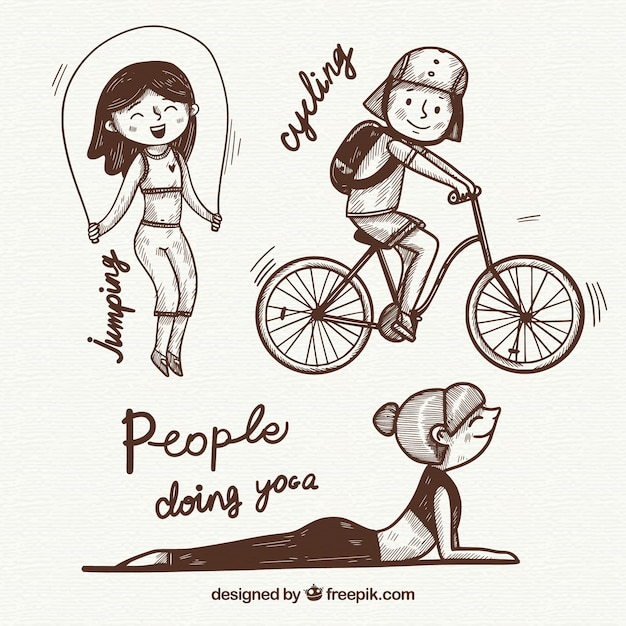 people,hand,sport,hand drawn,health,cute,yoga,sports,human,bicycle,creative,rope,healthy,fun,exercise,peace,human body,balance,mind,relax
