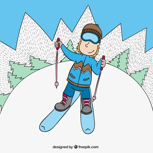 winter,snow,hand,sport,cartoon,mountain,hand drawn,forest,ski,style,drawn,snowy,skier,sporty