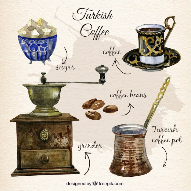 watercolor,coffee,hand,paint,coffee cup,drink,cup,breakfast,coffee beans,pot,hand painted,beverage,beans,turkish,painted,coffee pot