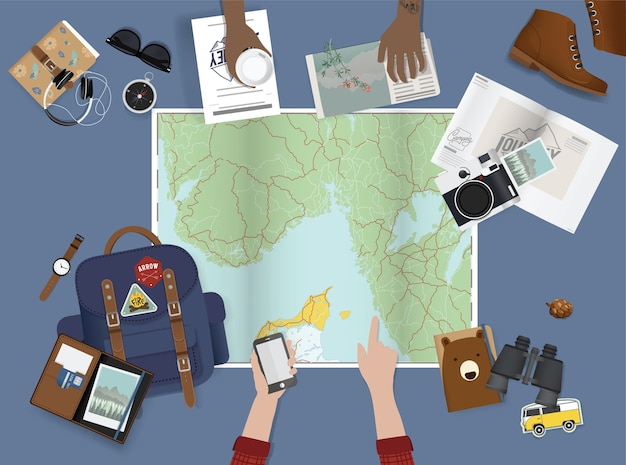 travel,book,icon,hand,map,camera,phone,mobile,graphic,notebook,newspaper,ui,adventure,user,point,trip,passport,backpack,direction,planning