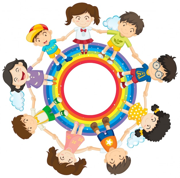  background, circle, children, character, hands, student, art, smile, happy, rainbow, white background, kid, graphic, child, friends, boy, drawing, white, round, youth