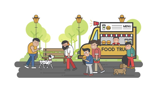  food, people, nature, cartoon, cute, truck, happy, graphic, colorful, yellow, street, park, walking, food truck, bright, outdoors, hurry, street food, illustrated, rushing
