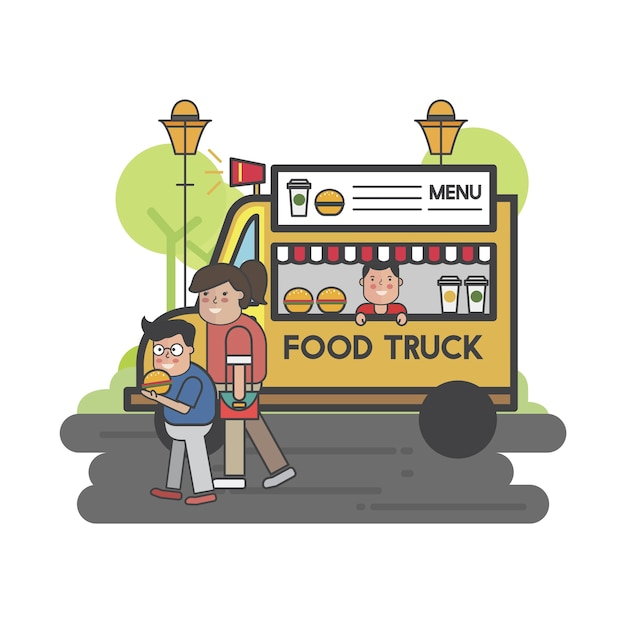 food,people,nature,cartoon,cute,truck,happy,graphic,colorful,yellow,street,park,walking,food truck,bright,outdoors,hurry,street food,illustrated,rushing