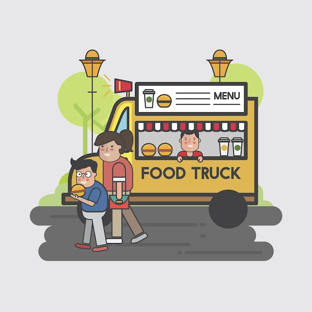  food, people, nature, cartoon, cute, truck, happy, graphic, colorful, yellow, street, park, walking, food truck, bright, outdoors, hurry, street food, illustrated, rushing