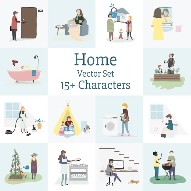  icon, computer, family, man, home, brush, graphic, cook, boy, plants, bbq, play, relax, tent, outdoor, home icon, characters, bath, computer icon