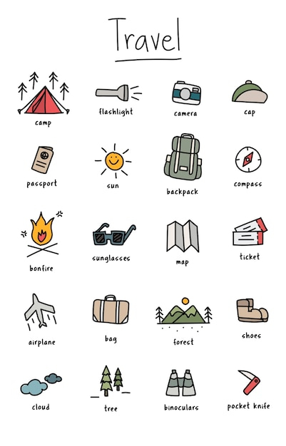  travel, icon, forest, icons, graphic, holiday, drawing, tools, camping, illustration, group, symbol, way, journey, style, icon set, traveling, collection, countryside, set