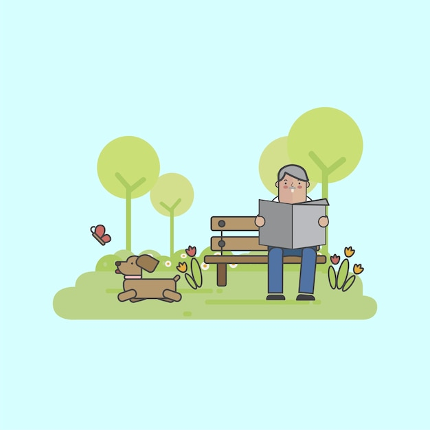  green, dog, man, nature, cartoon, animal, butterfly, hair, cute, happy, graphic, colorful, human, person, newspaper, park, illustration, old, grey, dogs