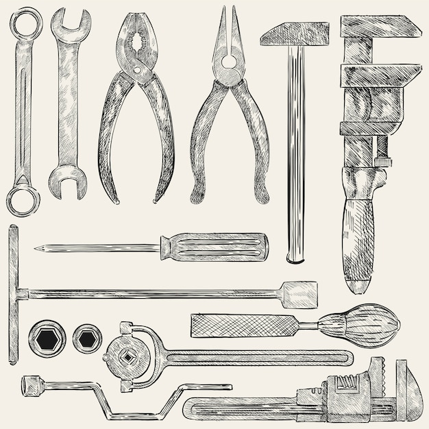  icon, hand, box, hand drawn, black, graphic, sketch, drawing, tools, illustration, mechanic, old, symbol, hand drawing, hammer, tool, hand icon, wrench, antique, drawn
