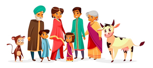  people, family, man, cartoon, animal, happy, india, kid, mother, clothes, cow, flat, monkey, indian, boy, pet, dress, clothing, father, happy family